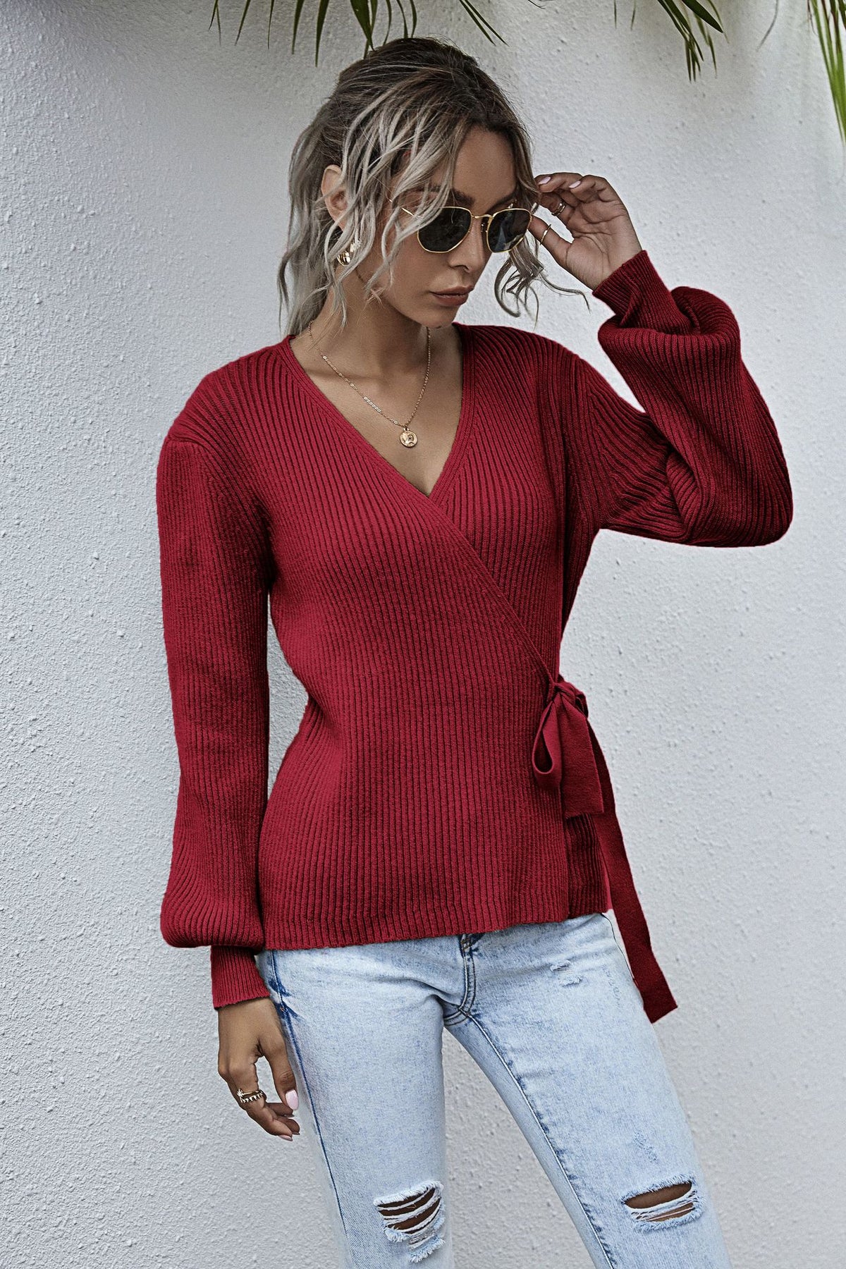 Lantern Sleeve Bow Tie V-neck Knit Sweaters Cardigans