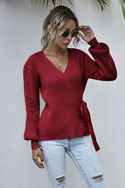 Lantern Sleeve Bow Tie V-neck Knit Sweaters Cardigans