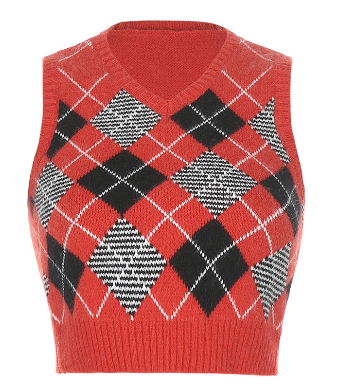 V-neck Knitting Lattice Crop Vest Sweater
