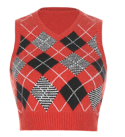 V-neck Knitting Lattice Crop Vest Sweater