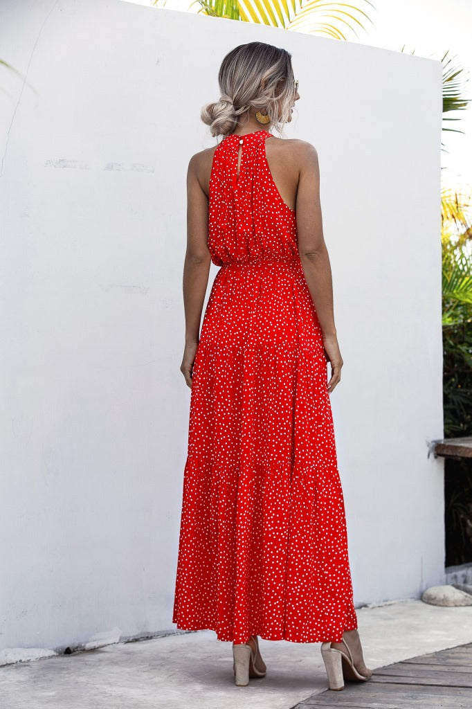Orange Wave Bohemian Boho Printed Hanging Neck Straps Maxi Dresses