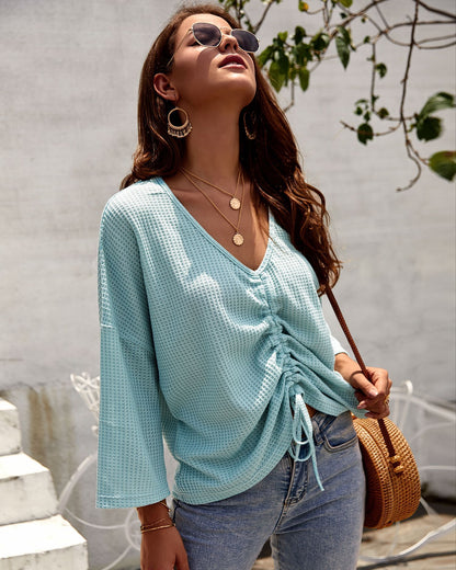 Women's Deep V Neck Loose Pleated Long Sleeve Sweater