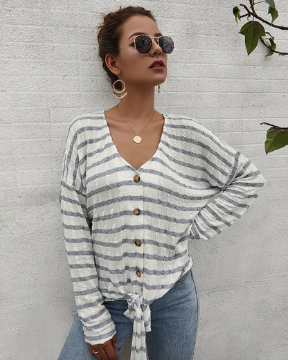 Women V-Collar Single Breasted Stripe Long Sleeve Sweater Cardigan Shirt