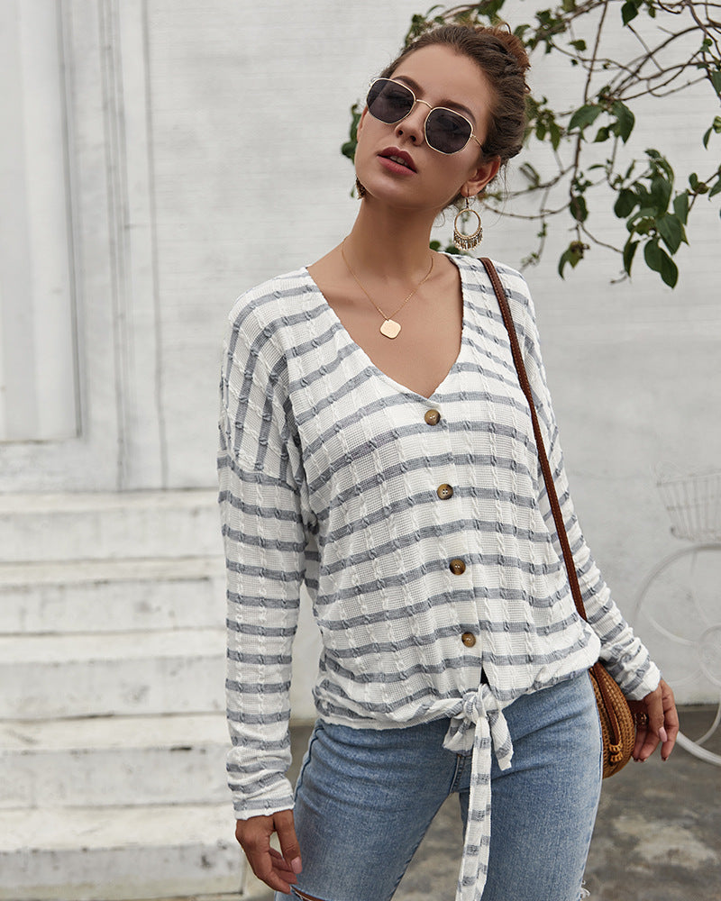 Women V-Collar Single Breasted Stripe Long Sleeve Sweater Cardigan Shirt