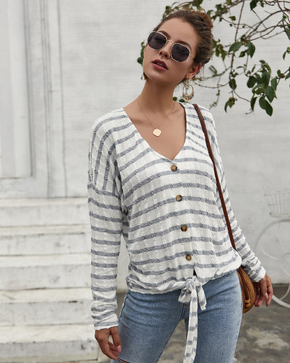 Women V-Collar Single Breasted Stripe Long Sleeve Sweater Cardigan Shirt