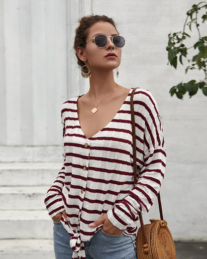 Women V-Collar Single Breasted Stripe Long Sleeve Sweater Cardigan Shirt
