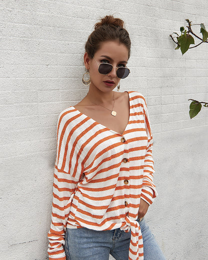 Women V-Collar Single Breasted Stripe Long Sleeve Sweater Cardigan Shirt