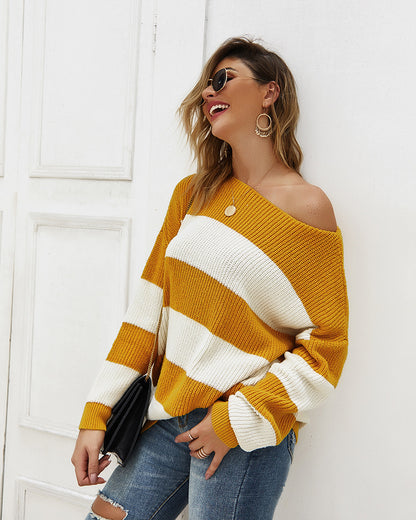 Women Sexy Round Neck Wide Stripe Loose sweater