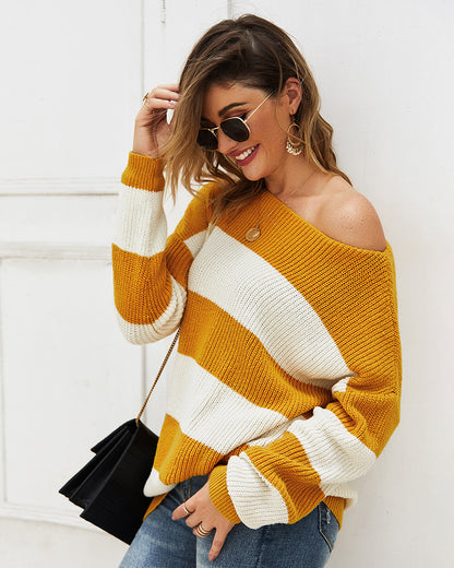 Women Sexy Round Neck Wide Stripe Loose sweater