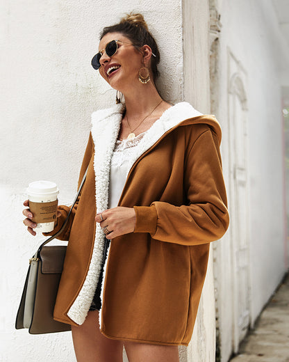 Women Double-Faced Fluffy Loose Hooded Coat