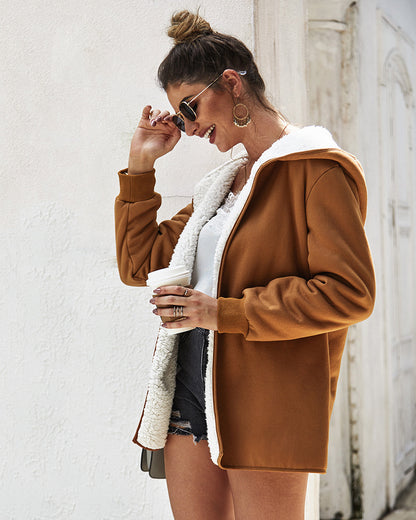 Women Double-Faced Fluffy Loose Hooded Coat