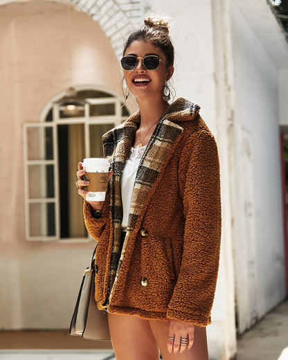 Women High Collar Button Plush Coat