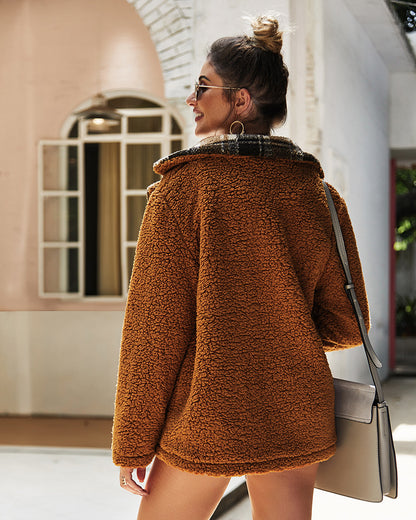 Women High Collar Button Plush Coat