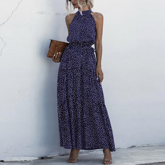 Navy Blue Wave Bohemian Boho Printed Hanging Neck Straps Maxi Dresses