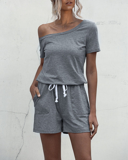 Diagonal Shoulder Short Sleeve Jumpsuit Rompers With Pocket