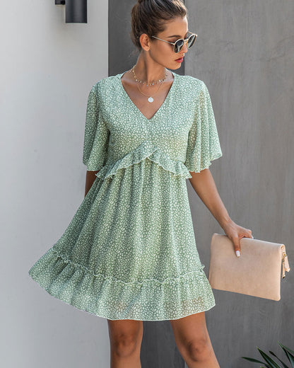 V-neck 1/2 Sleeve Printed Ruffled Mini Dress