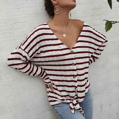Women V-Collar Single Breasted Stripe Long Sleeve Sweater Cardigan Shirt