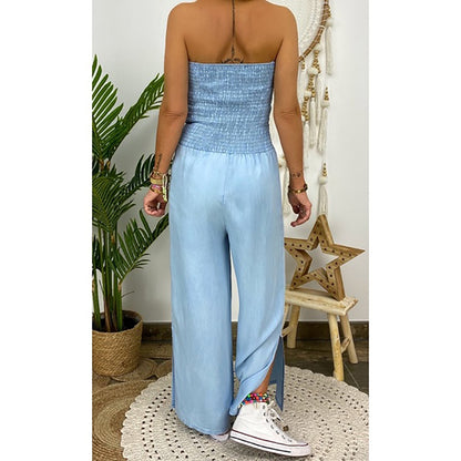 Tube Top Strapless Elastic Waist Slit Leg Denim Jumpsuit