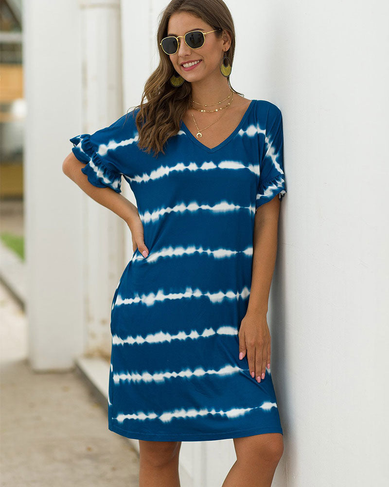Pocket Striped Mini Dresses Lotus Sleeve