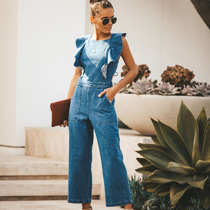 Lace-up Ruffled Denim Jumpsuit Backless Sleeveless Rompers