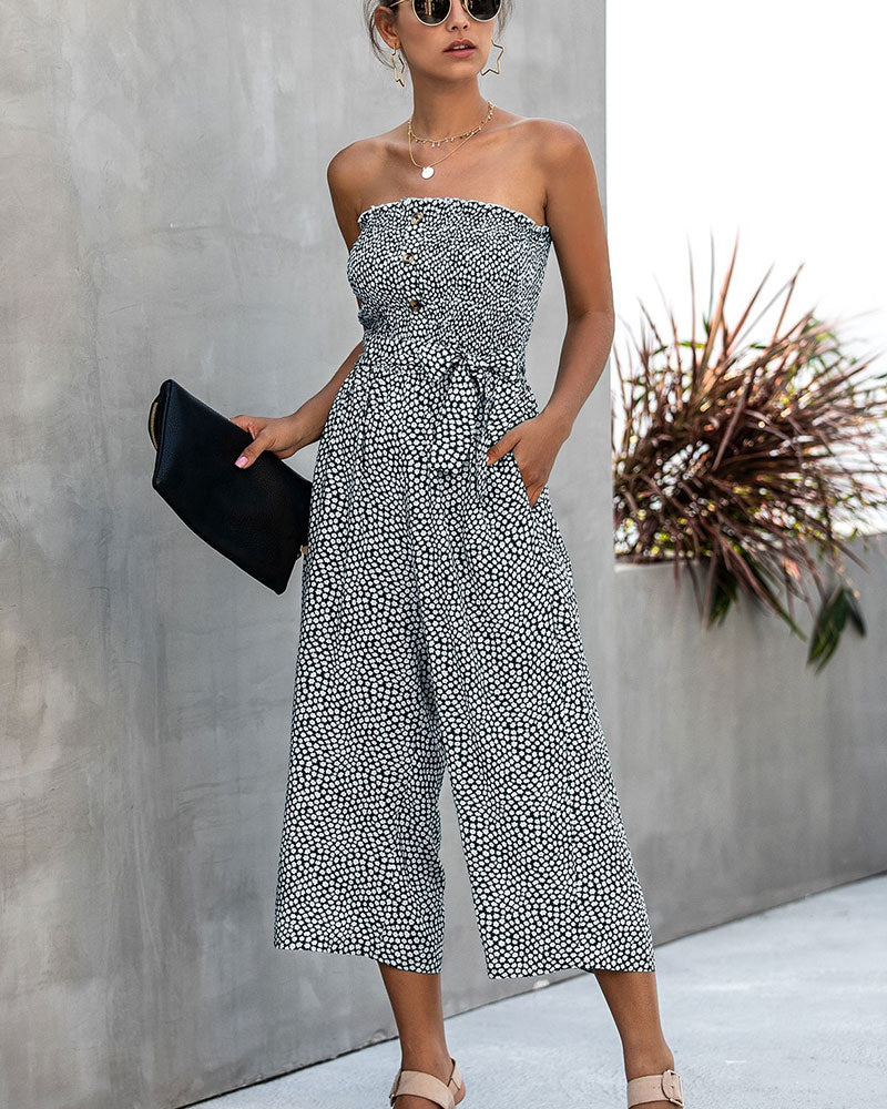 Off Shoulder Wrapped Chest Lace-up Print Jumpsuit With Pocket Backless Single-breasted Rompers