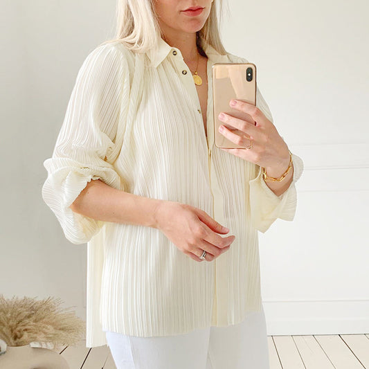Beige Lapel Pleated Shirt Loose Pants Long Sleeve Two-piece Set
