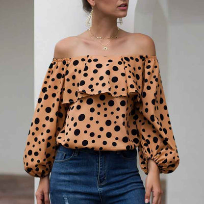 Women Sexy Off The Shoulder Puff Sleeve Polka Dot Shirt Top