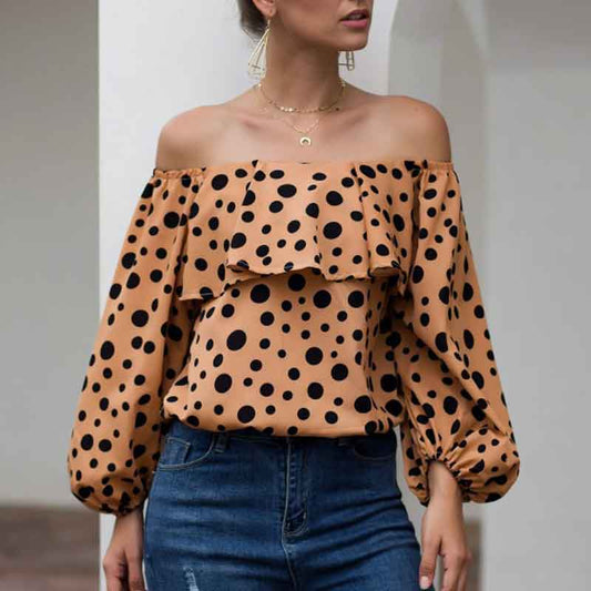 Women Sexy Off The Shoulder Puff Sleeve Polka Dot Shirt Top