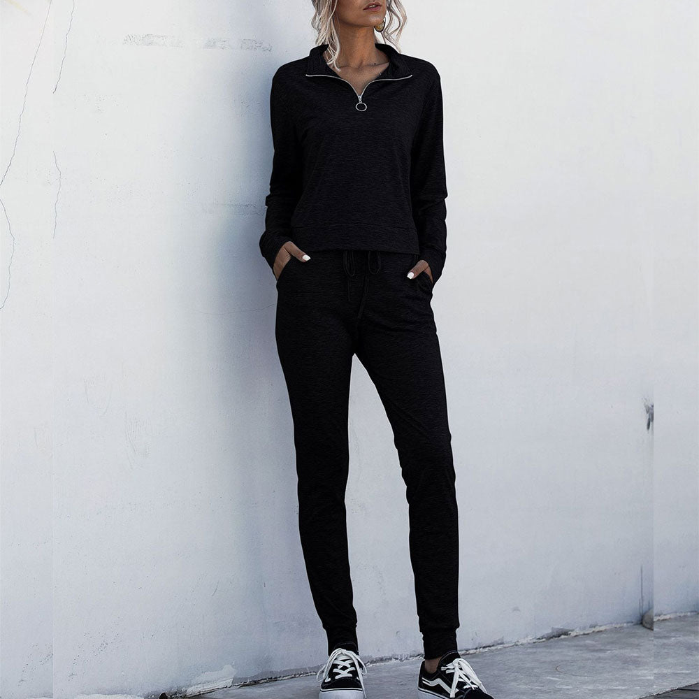 Stand Collar Zipper Two-piece Sports Suit Lace-up Pant