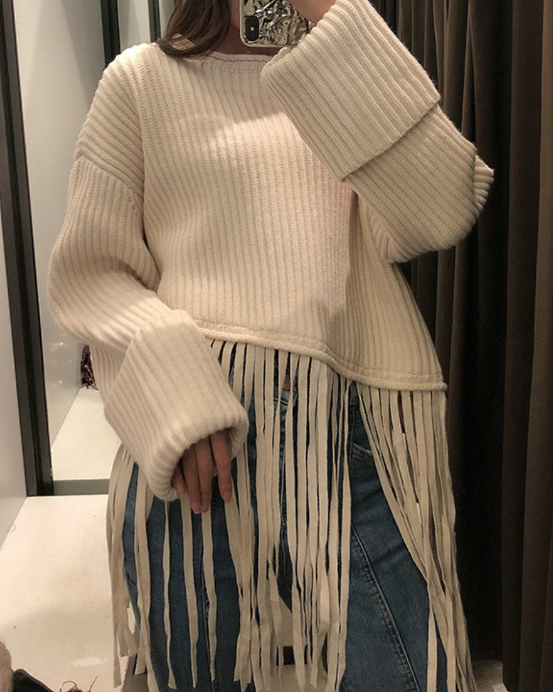 Knit Tassel Round Neck Irregular Hem Sweaters Blouses