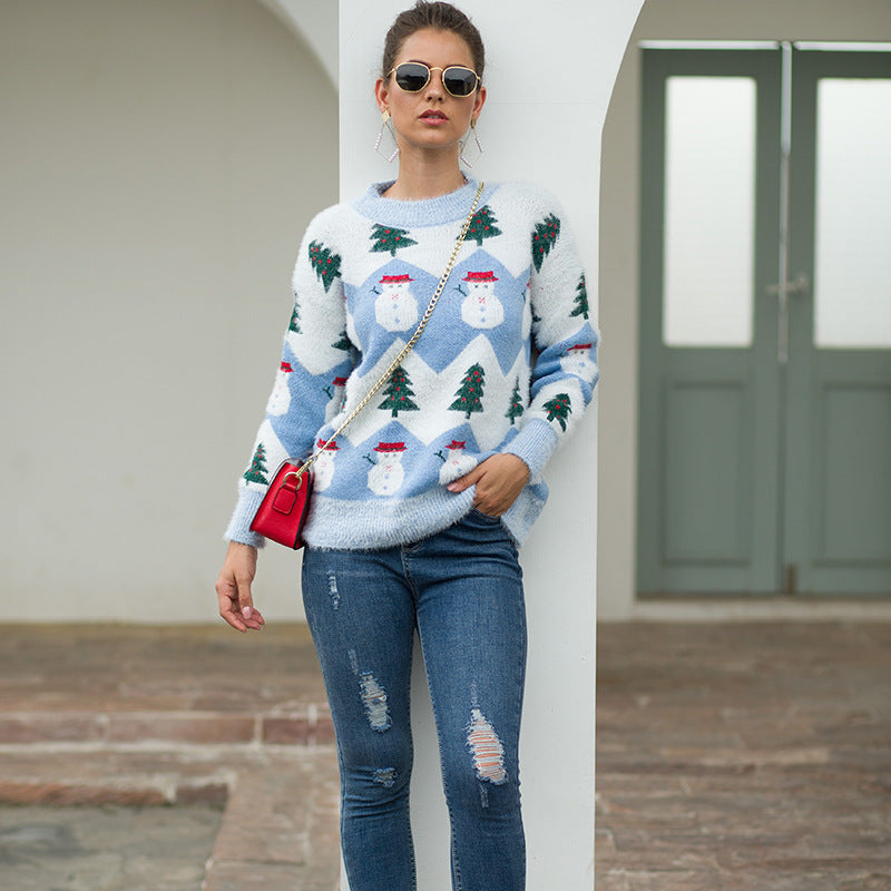 Christmas Tree and Snowman Pattern Long Sleeve Sweater