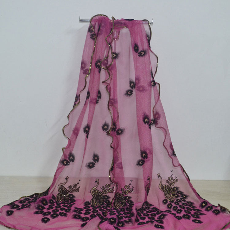 Fashion Lace Scarf Net Yarn Printing Peacock Stitching Flocking Phoenix Scarf for Women Ladies Girls