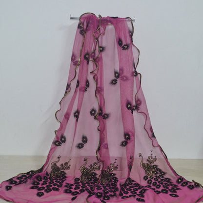 Fashion Lace Scarf Net Yarn Printing Peacock Stitching Flocking Phoenix Scarf for Women Ladies Girls