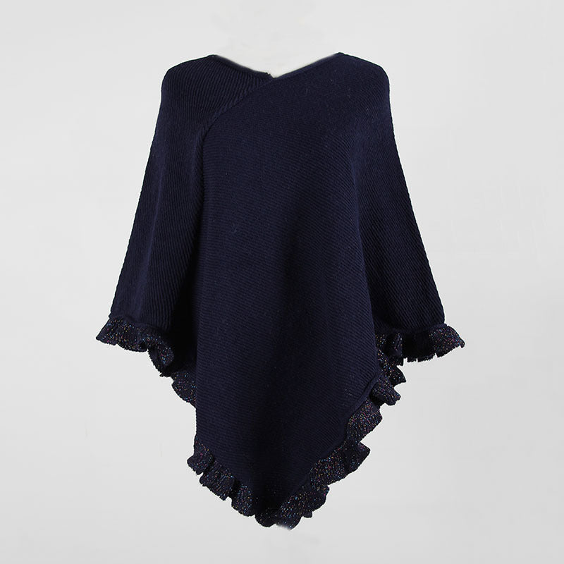 Ruffled Hem Crimped Collar Sweater Cloak Shawl Cape Cardigans