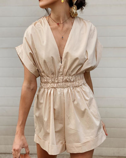 Deep V-neck Shirred Frill Elastic Waist Jumpsuit