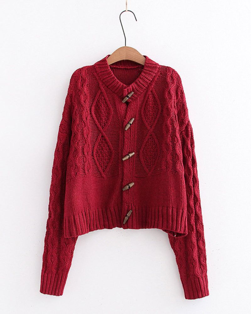 Single-breasted Argyle Pattern Knit Horn Button Cardigan Sweater