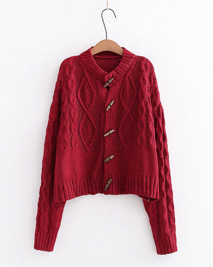 Single-breasted Argyle Pattern Knit Horn Button Cardigan Sweater