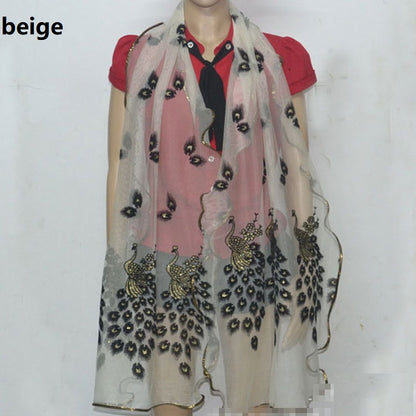 Fashion Lace Scarf Net Yarn Printing Peacock Stitching Flocking Phoenix Scarf for Women Ladies Girls