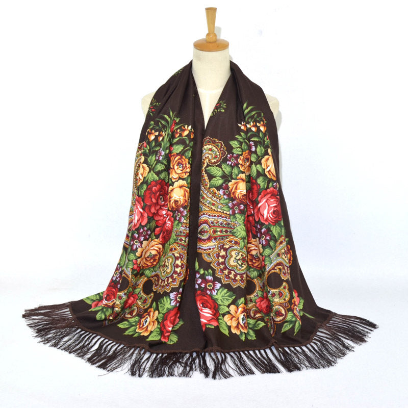 Ethnic Retro Flower Long Scarf Shawl Fringed Scarves for Women Ladies Girls