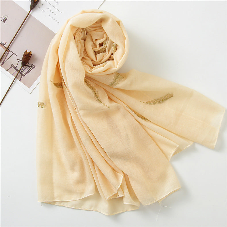 Feather Embroidered Cotton Scarf Shawl for Women Ladies Girls