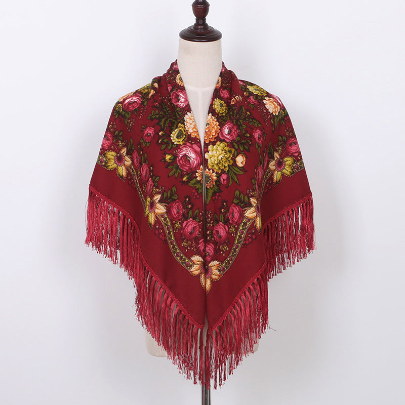 Ethnic Flower Print Square Scarf Shawl Wrap Fringed Scarves for Women Ladies Girls