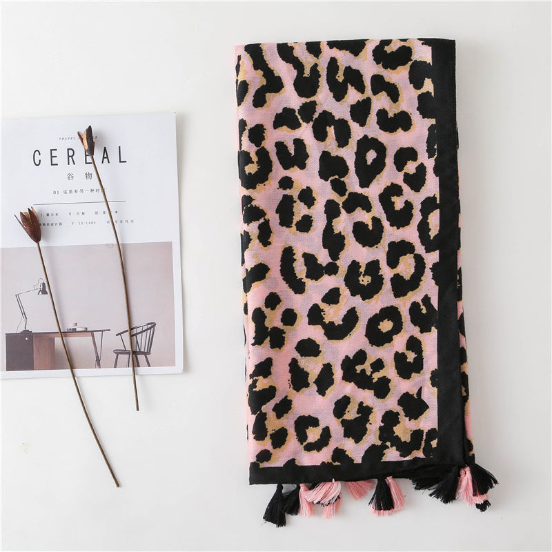 Tassel Fringe Leopard Print Scarf Shawl for Women Ladies Girls