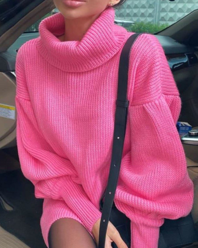 Knit Lantern Sleeve High Collar Sweater Mini Dresses