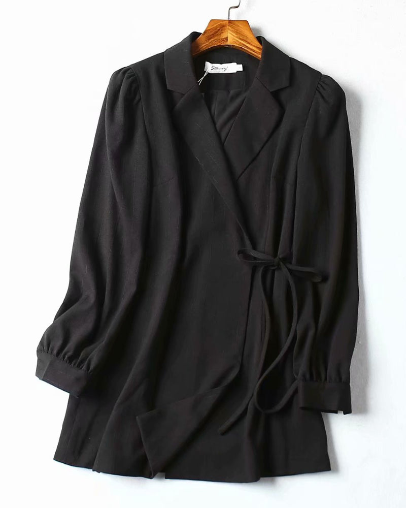 Pile Collar V-neck Lace-up Lantern Sleeve Blazers Mini Dresses