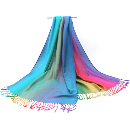 Ethnic Style Rainbow Gradient Color Long Soft Neck Scarf Wrap Shawl for Ladies Girls Women