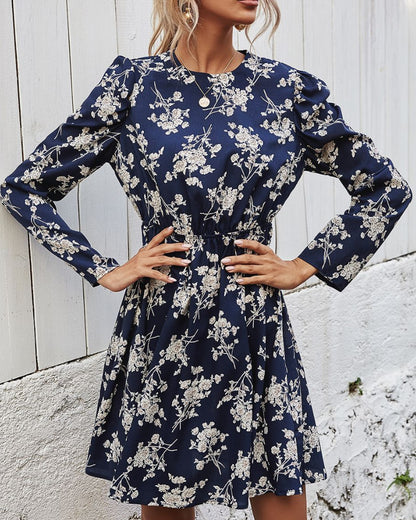 Round Neck Floral High-collared Skater Mini Dresses