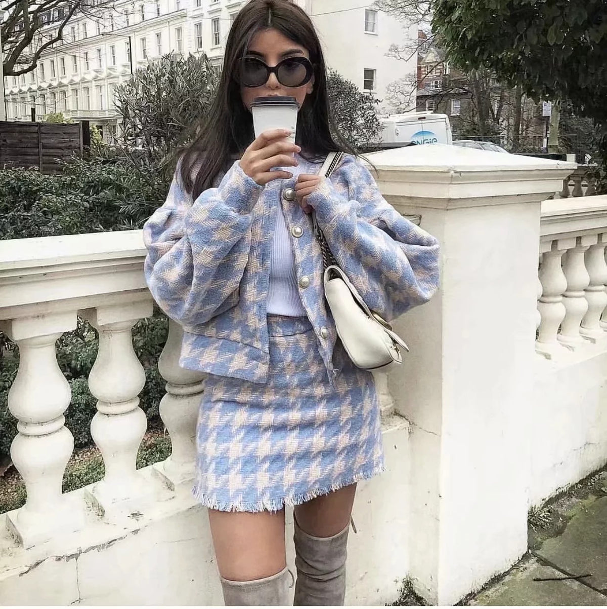 Houndstooth Beaded Buckle Long Sleeve Short Jacket Skirt Dress Suit