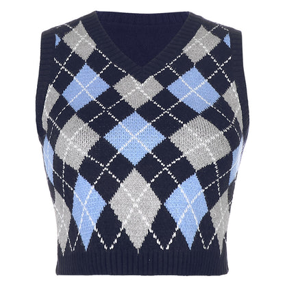 V-neck Knitting Lattice Crop Vest Sweater