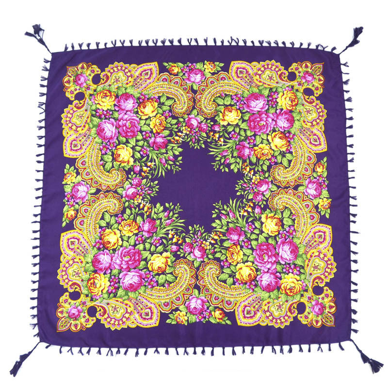 Ethnic Flower Print Square Scarf Shawl Fringed Scarves for Women Ladies Girls