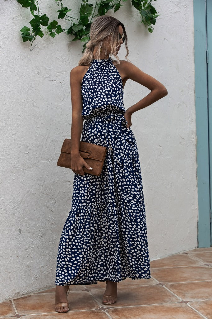 Royal Blue Wave Bohemian Boho Printed Hanging Neck Straps Maxi Dresses